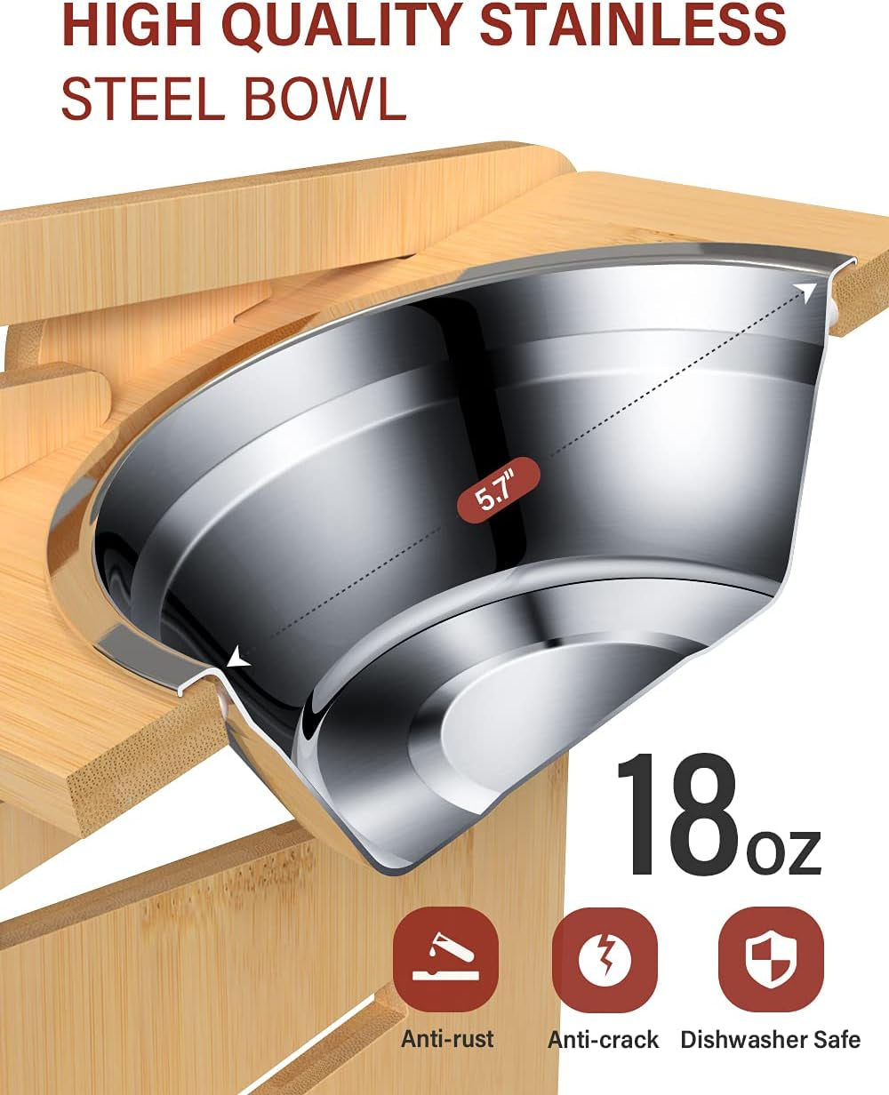 Elevated Dog Bowls, Adjustable Raised Dog Bowl Stand for Small Puppy and Cats, Sturdy Bamboo Pet Food Feeder with 2 Stainless Steel Dishes, Natural