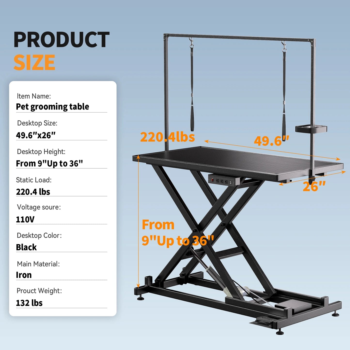 Professional Electric Dog Grooming Table - Heavy Duty, Height Adjustable Pet Grooming Table W/Leveling Wheels, Dog Grooming Arm, anti Slip Tabletop & Tool Organizer/Dog Grooming Station (50", BLACK)