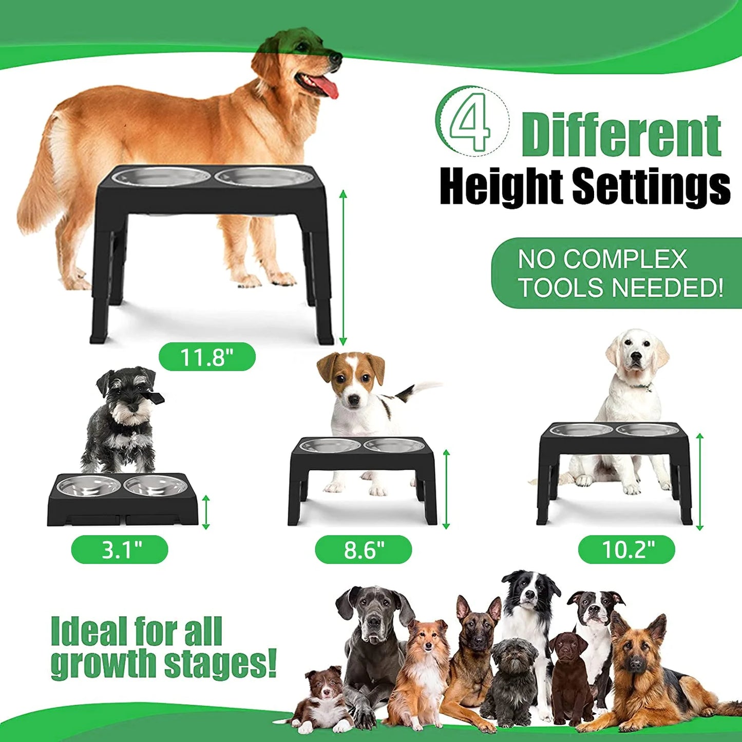 Elevated Dog Bowls Adjustable Raised Dog Bowl Stand Dog Feeding Station Adjusts to 4 Heights for Small Medium Large Dogs and Pets