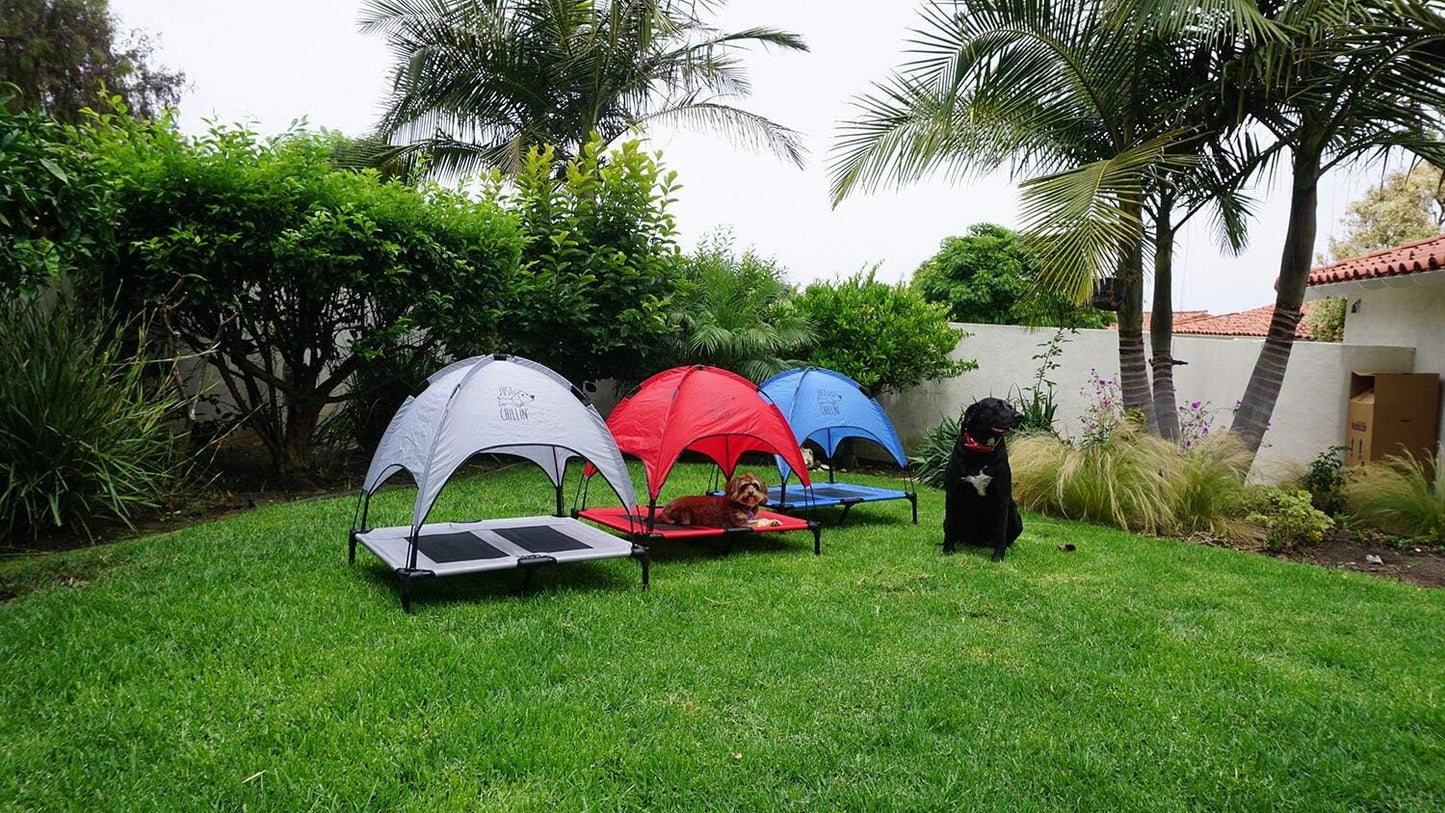 Just Chillin' Elevated Dog Bed. Cool Cot with Removable Canopy Shade. Indoor or Outdoor Pet Use. Lightweight and Portable. Chill in Style on Raised Breathable Mesh Fabric.