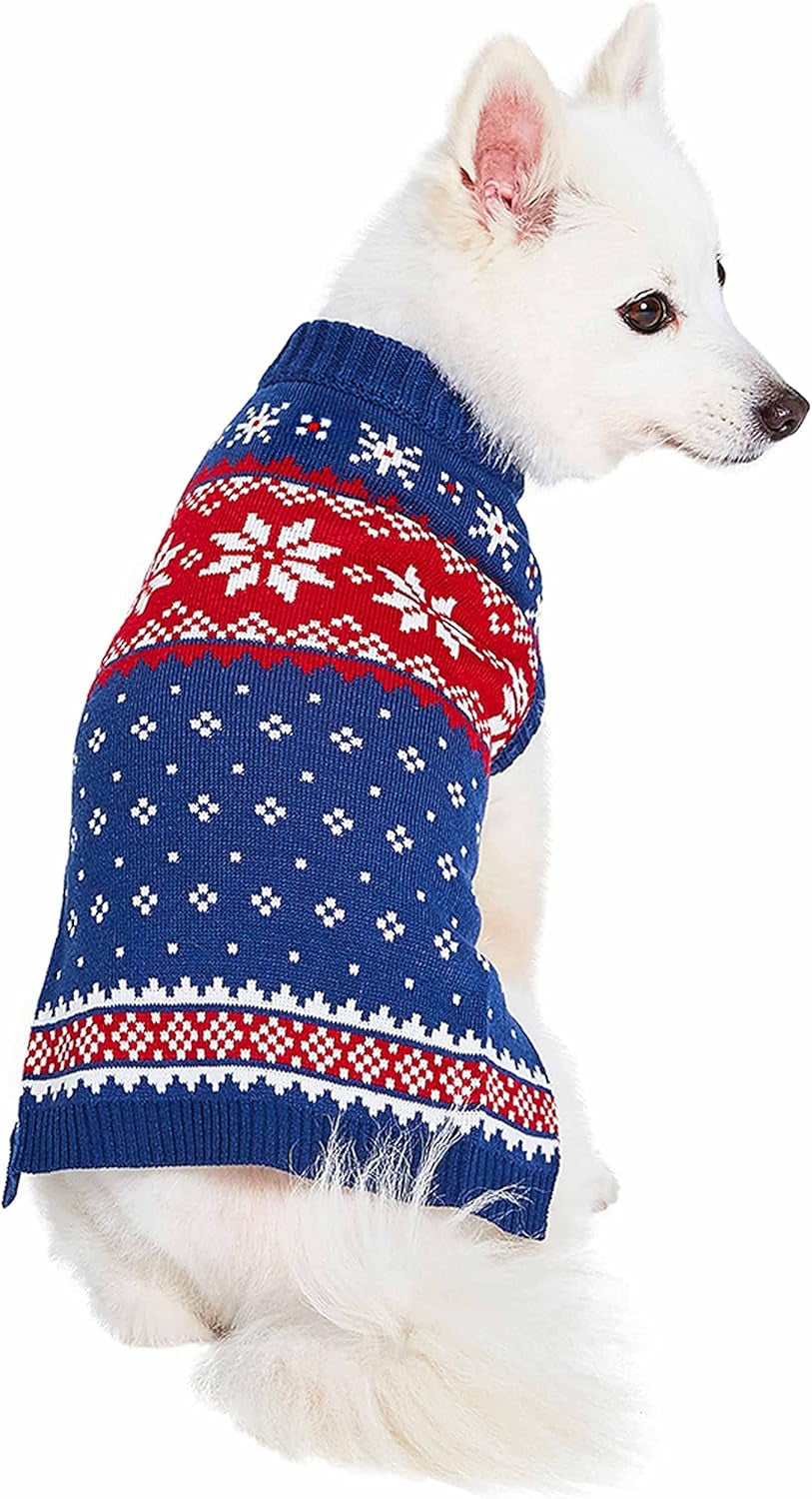 Christmas Snowflake Dog Sweater in Navy Blue, Back Length 14", Pack of 1 Clothes for Dogs
