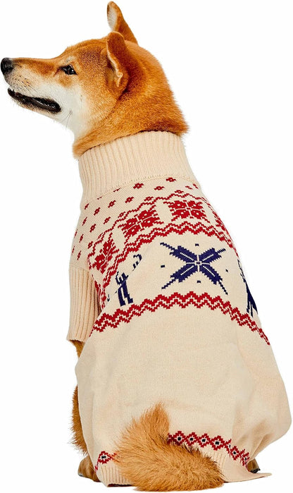 Christmas Reindeer and Snowflake Dog Sweater in Light Beige, Back Length 16", Pack of 1 Clothes for Dogs