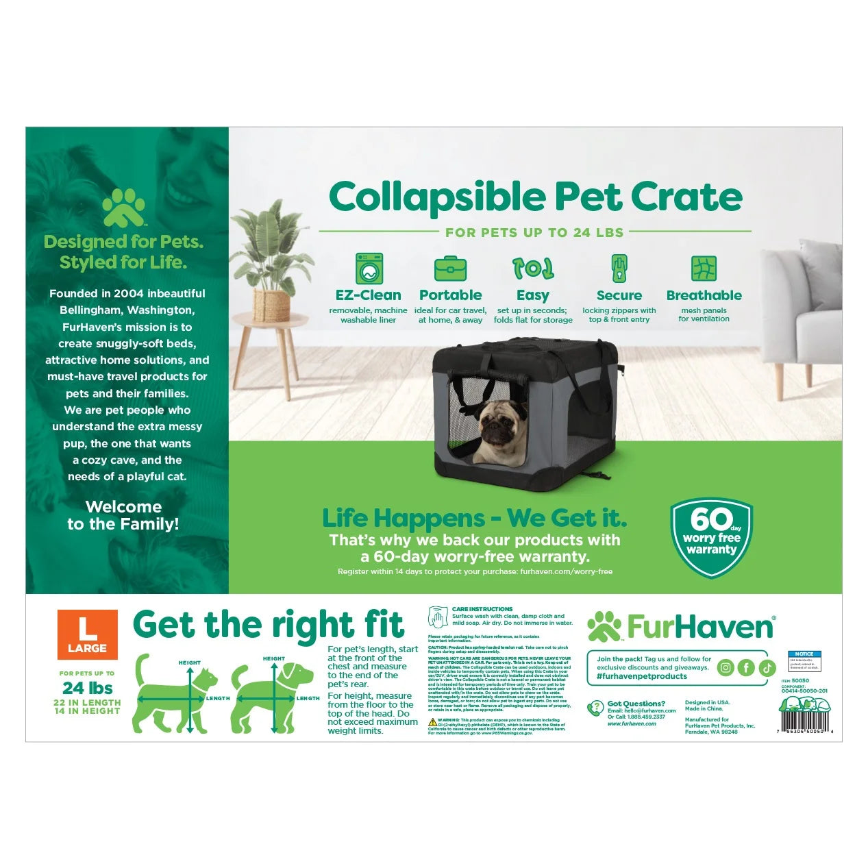 ® Pet Products Collapsible Pet Crate, Black, Large, 24 Lb Limit