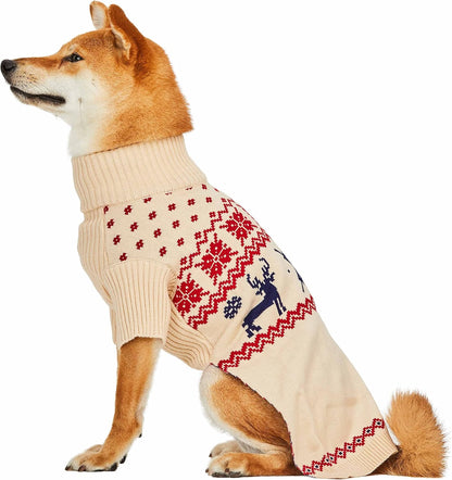 Christmas Reindeer and Snowflake Dog Sweater in Light Beige, Back Length 16", Pack of 1 Clothes for Dogs
