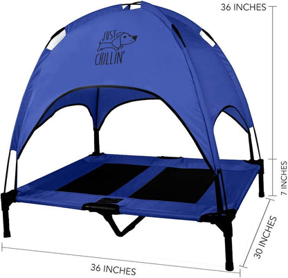 Just Chillin' Elevated Dog Bed. Cool Cot with Removable Canopy Shade. Indoor or Outdoor Pet Use. Lightweight and Portable. Chill in Style on Raised Breathable Mesh Fabric.