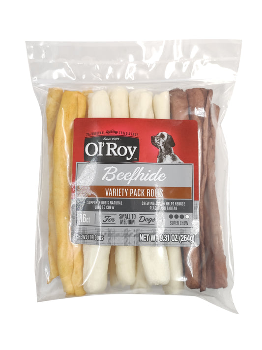 (4 Pack) Ol' Roy Rawhide Rolls, Variety Pack, Chews for Dogs, 9.31 Oz, 16 Count, Dry