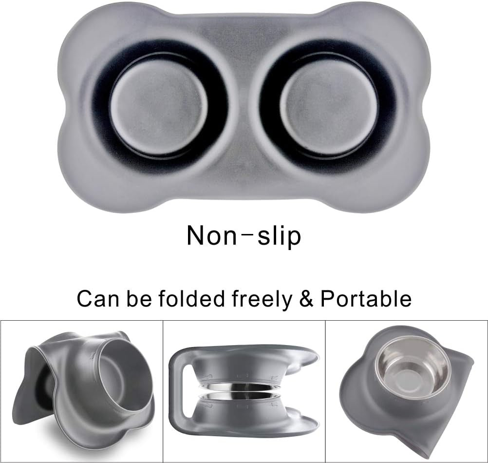 Dog Bowls with Mat, Cat Water Food Bowl Set (13.5Oz Each) in No Spill Silicone Mat, Dual Pet Feeder Bowl for Puppy, Cats, Small Medium Dogs (Bone Shape, Grey)
