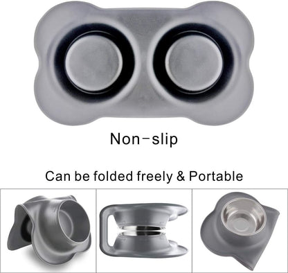 Dog Bowls with Mat, Cat Water Food Bowl Set (13.5Oz Each) in No Spill Silicone Mat, Dual Pet Feeder Bowl for Puppy, Cats, Small Medium Dogs (Bone Shape, Grey)