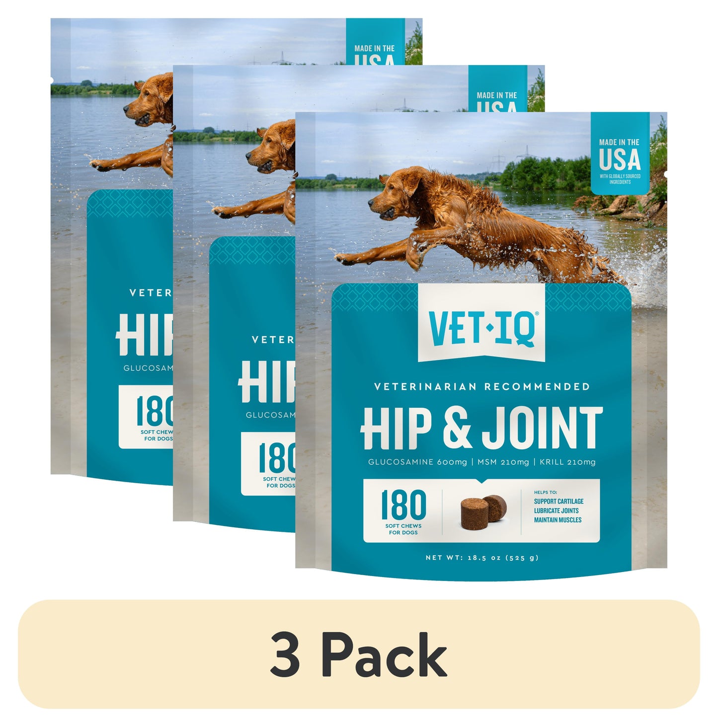 (3 Pack)  Hip & Joint Supplement for Dogs, Chicken Flavored Soft Chews, 22.2 Oz, 180 Count