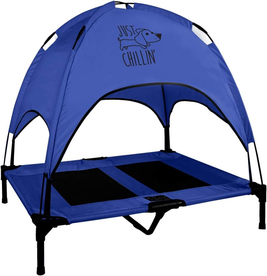 Just Chillin' Elevated Dog Bed. Cool Cot with Removable Canopy Shade. Indoor or Outdoor Pet Use. Lightweight and Portable. Chill in Style on Raised Breathable Mesh Fabric.