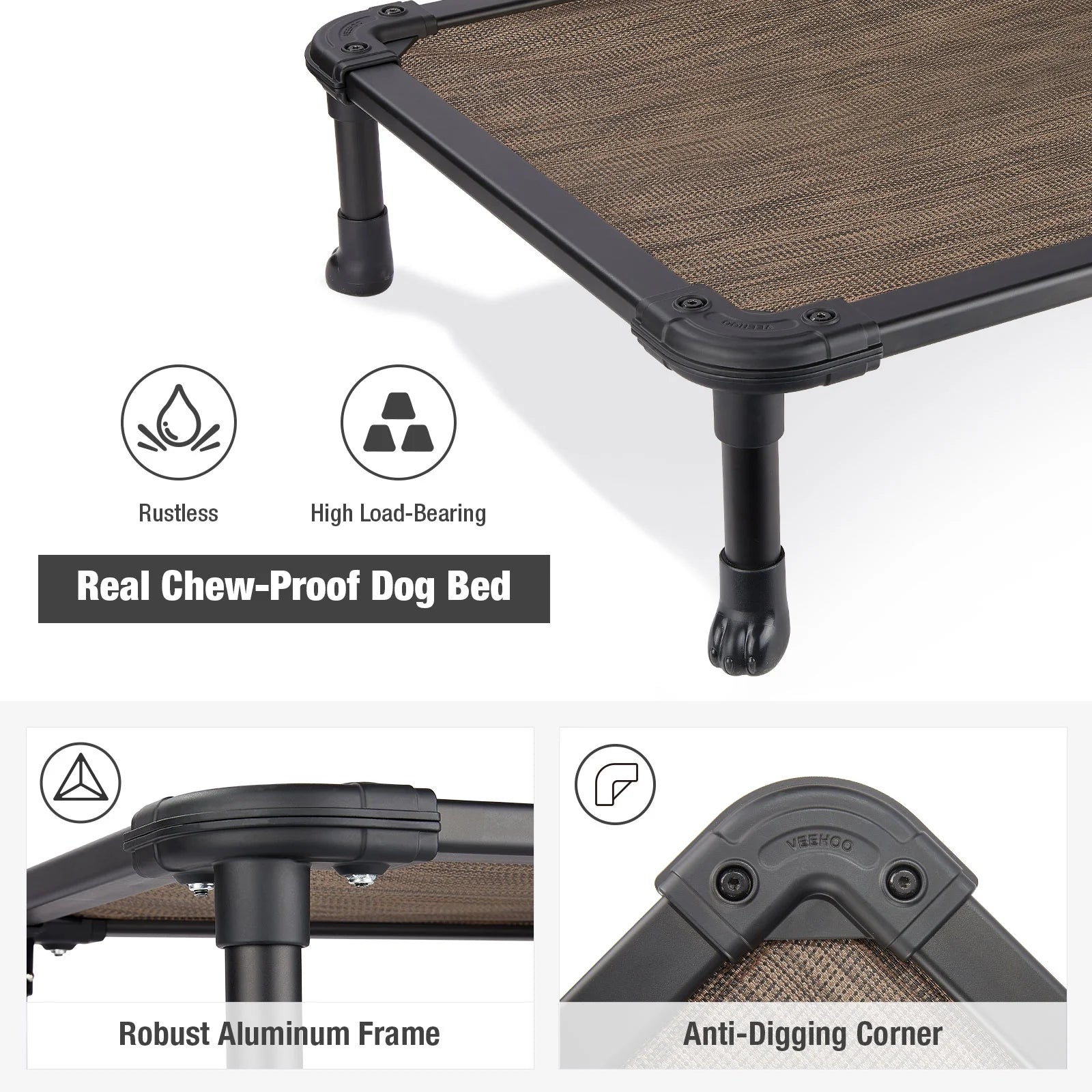 Chew Proof Dog Bed, Cooling Raised Pet Cot, Rustless Aluminum Frame, Brown, Large