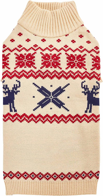 Christmas Reindeer and Snowflake Dog Sweater in Light Beige, Back Length 16", Pack of 1 Clothes for Dogs
