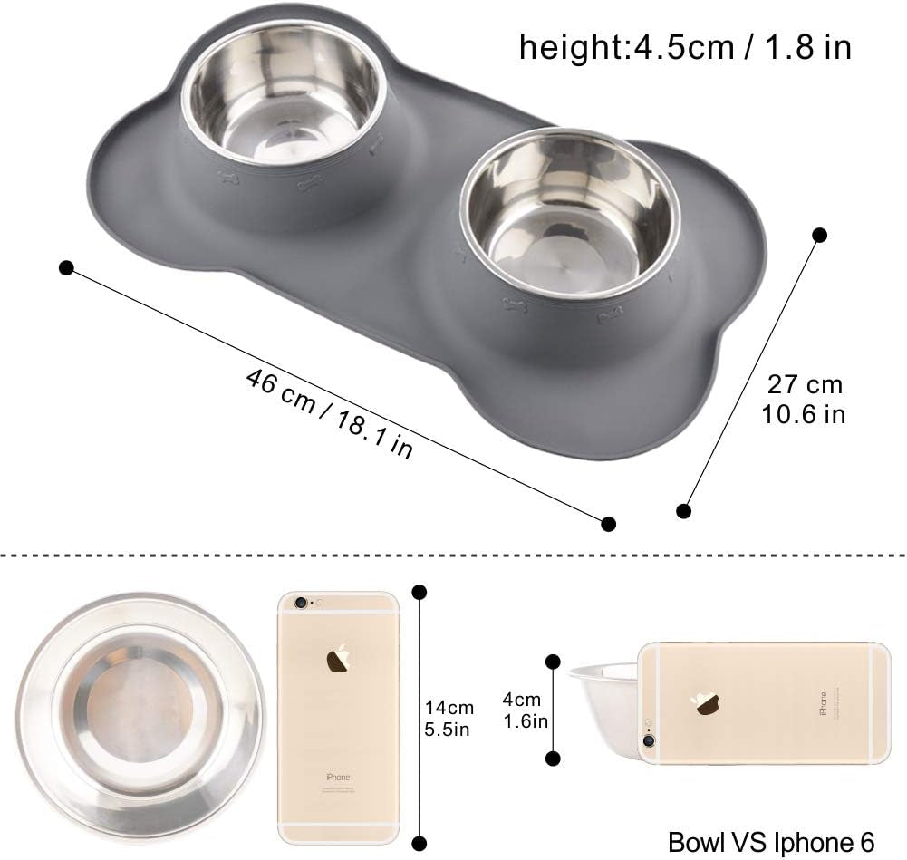 Dog Bowls with Mat, Cat Water Food Bowl Set (13.5Oz Each) in No Spill Silicone Mat, Dual Pet Feeder Bowl for Puppy, Cats, Small Medium Dogs (Bone Shape, Grey)