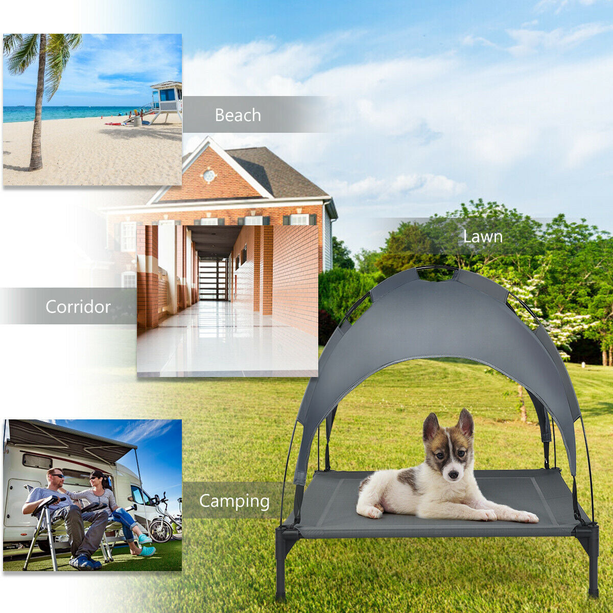 36'' Portable Elevated Dog Cot Outdoor Cooling Pet Bed W/ Removable Canopy Shade