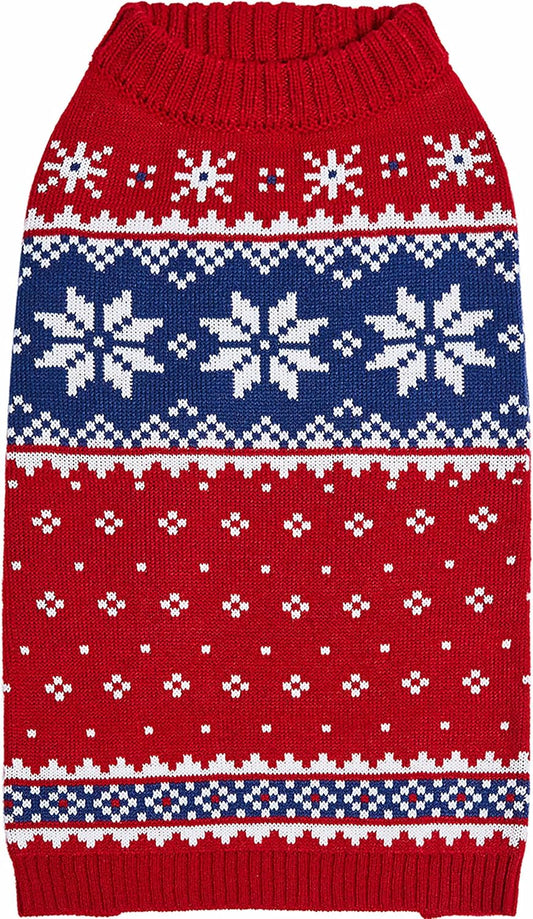 Christmas Snowflake Dog Sweater in Festive Red, Back Length 12", Pack of 1 Clothes for Dogs