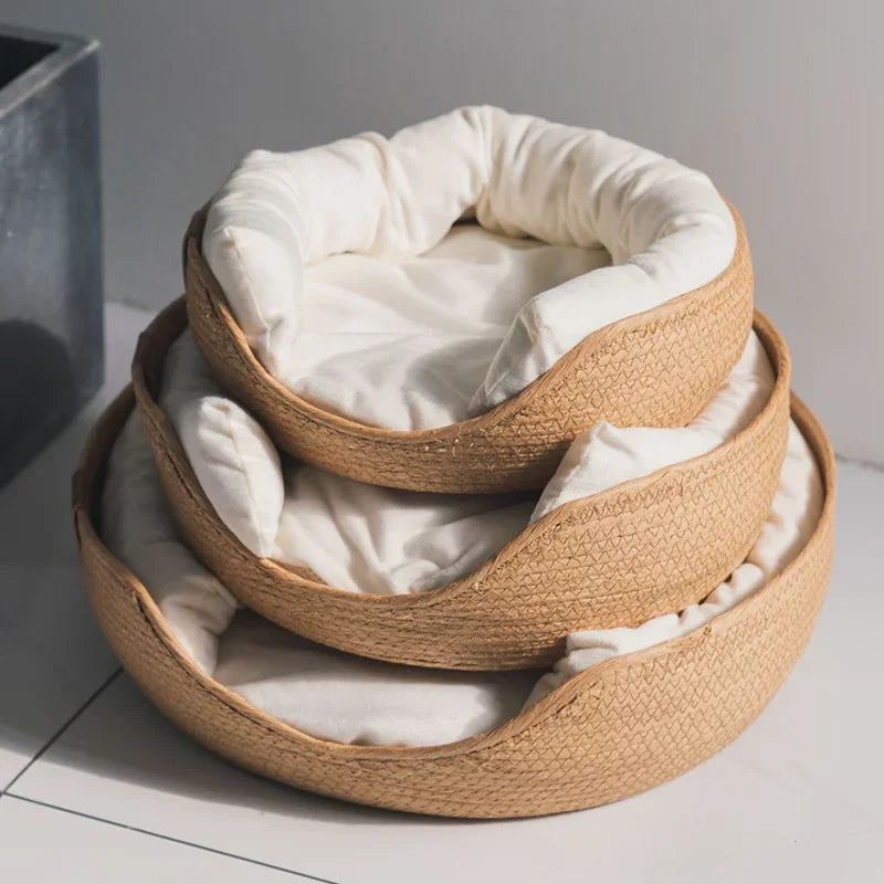 Pet Bedkennel Cat Mat Dog Beds Sofa Bamboo Weaving Four Season Cozy Nest Baskets Waterproof Removable Cushion Sleeping Bag