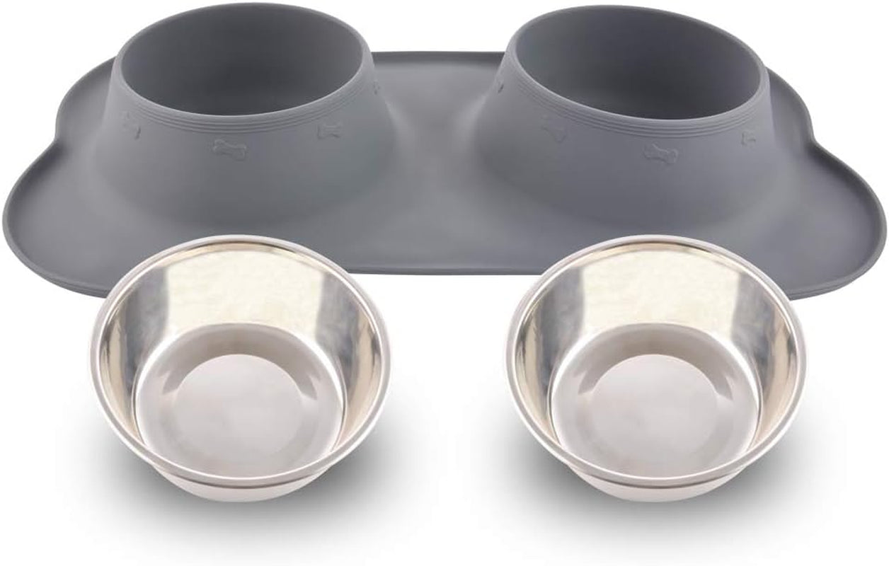 Dog Bowls with Mat, Cat Water Food Bowl Set (13.5Oz Each) in No Spill Silicone Mat, Dual Pet Feeder Bowl for Puppy, Cats, Small Medium Dogs (Bone Shape, Grey)