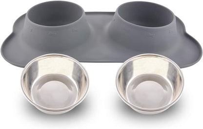 Dog Bowls with Mat, Cat Water Food Bowl Set (13.5Oz Each) in No Spill Silicone Mat, Dual Pet Feeder Bowl for Puppy, Cats, Small Medium Dogs (Bone Shape, Grey)