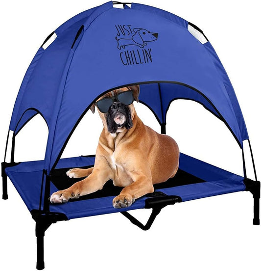 Just Chillin' Elevated Dog Bed. Cool Cot with Removable Canopy Shade. Indoor or Outdoor Pet Use. Lightweight and Portable. Chill in Style on Raised Breathable Mesh Fabric.