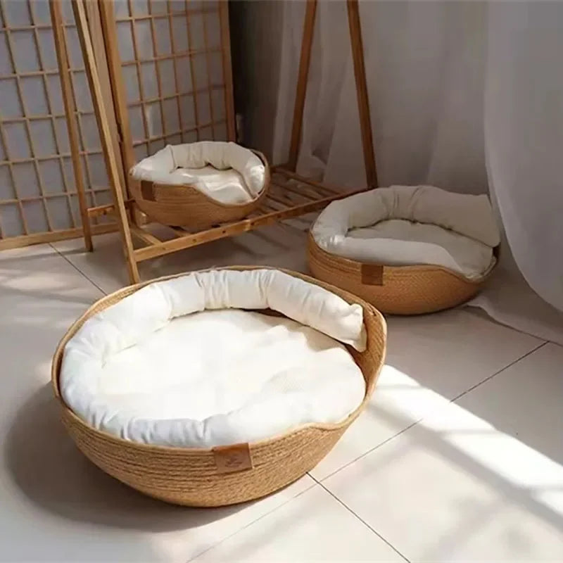 Pet Bedkennel Cat Mat Dog Beds Sofa Bamboo Weaving Four Season Cozy Nest Baskets Waterproof Removable Cushion Sleeping Bag