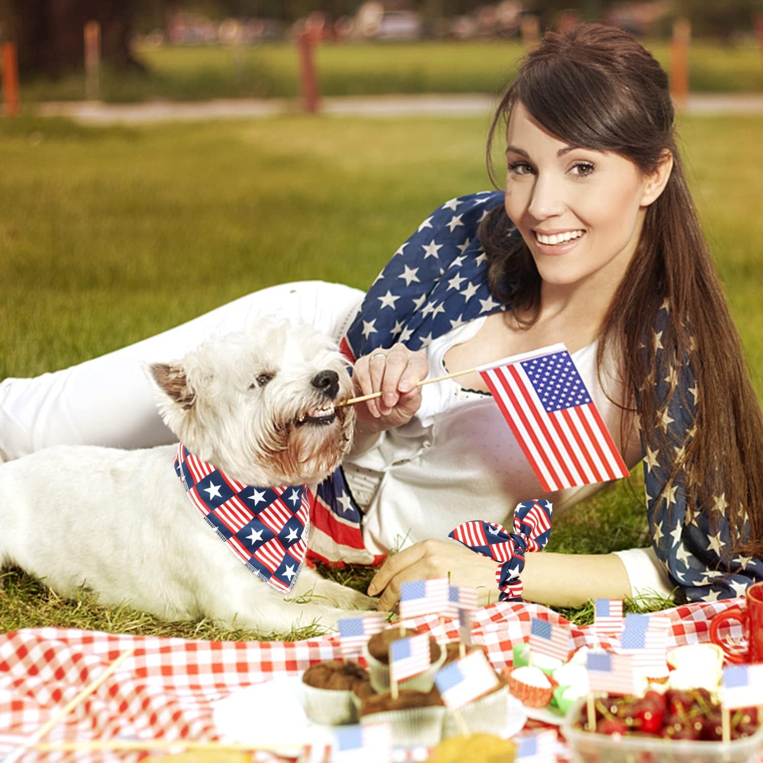 4Th of July Dog Bandanas & Matching Scrunchie Set American Flag Dog Scarf Washable Patriotic Pet Bandana Kerchief Bibs for Medium Large Dogs Owner Gifts