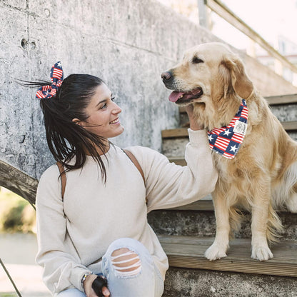 4Th of July Dog Bandanas & Matching Scrunchie Set American Flag Dog Scarf Washable Patriotic Pet Bandana Kerchief Bibs for Medium Large Dogs Owner Gifts