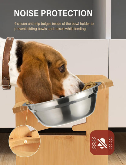 Elevated Dog Bowls, Adjustable Raised Dog Bowl Stand for Small Puppy and Cats, Sturdy Bamboo Pet Food Feeder with 2 Stainless Steel Dishes, Natural