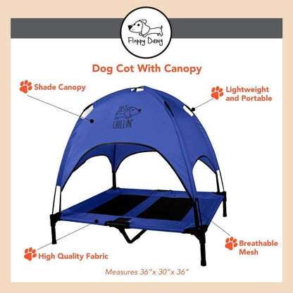 Just Chillin' Elevated Dog Bed. Cool Cot with Removable Canopy Shade. Indoor or Outdoor Pet Use. Lightweight and Portable. Chill in Style on Raised Breathable Mesh Fabric.