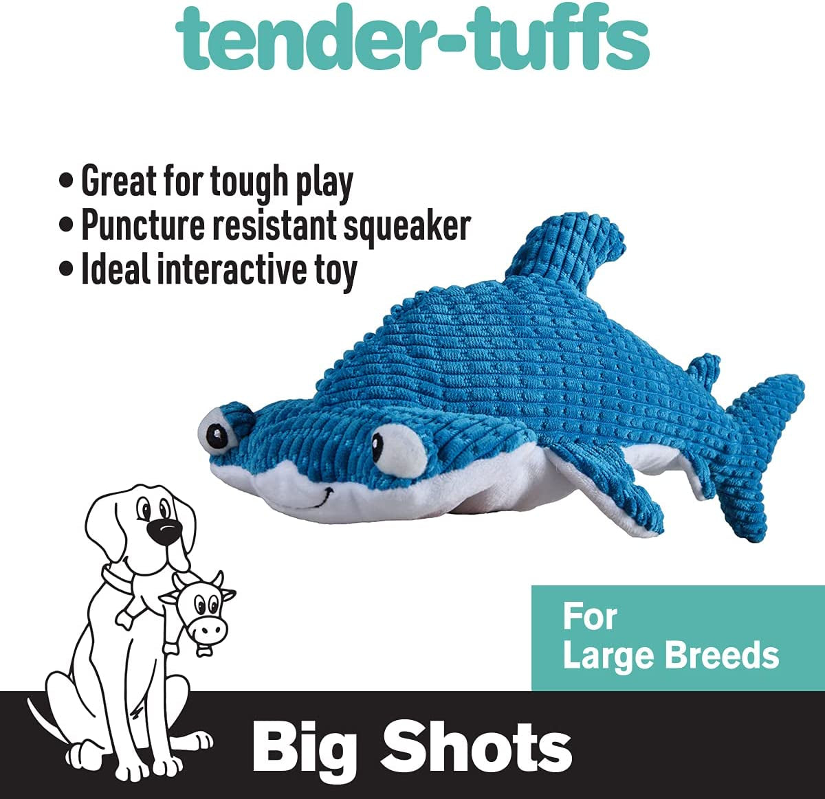Snuggle Puppy Tender-Tuffs - Large Marine Stuffed Hammerhead Shark Plush Toy for Big Dogs - Puncture Resistant Squeaker