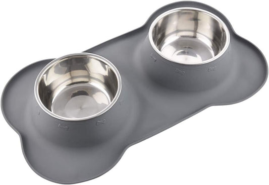 Dog Bowls with Mat, Cat Water Food Bowl Set (13.5Oz Each) in No Spill Silicone Mat, Dual Pet Feeder Bowl for Puppy, Cats, Small Medium Dogs (Bone Shape, Grey)