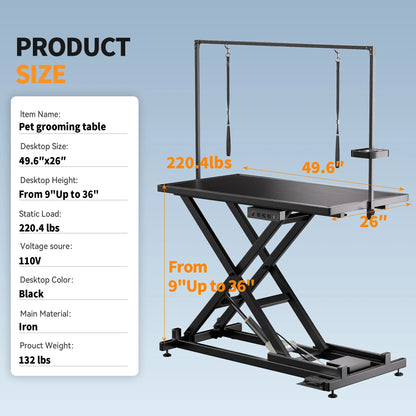 Professional Electric Dog Grooming Table - Heavy Duty, Height Adjustable Pet Grooming Table W/Leveling Wheels, Dog Grooming Arm, anti Slip Tabletop & Tool Organizer/Dog Grooming Station (50", BLACK)