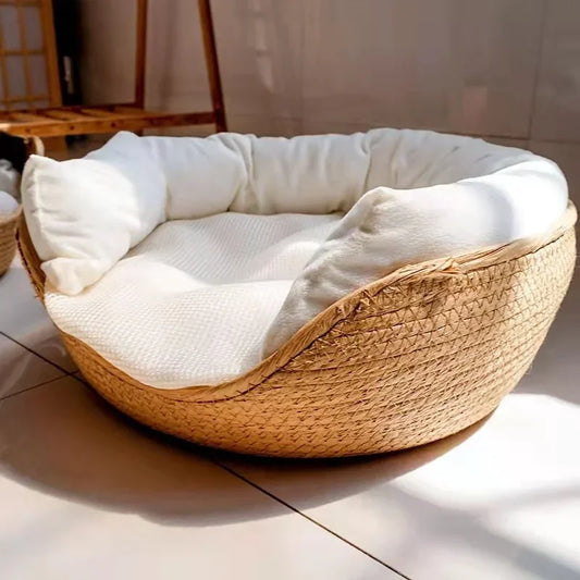Pet Bedkennel Cat Mat Dog Beds Sofa Bamboo Weaving Four Season Cozy Nest Baskets Waterproof Removable Cushion Sleeping Bag