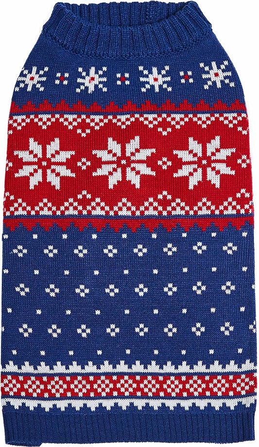 Christmas Snowflake Dog Sweater in Navy Blue, Back Length 14", Pack of 1 Clothes for Dogs
