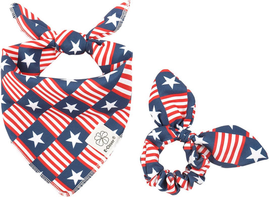 4Th of July Dog Bandanas & Matching Scrunchie Set American Flag Dog Scarf Washable Patriotic Pet Bandana Kerchief Bibs for Medium Large Dogs Owner Gifts