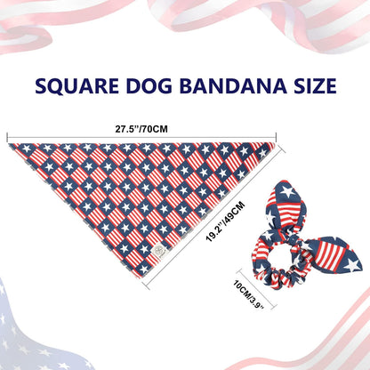 4Th of July Dog Bandanas & Matching Scrunchie Set American Flag Dog Scarf Washable Patriotic Pet Bandana Kerchief Bibs for Medium Large Dogs Owner Gifts