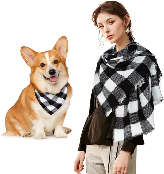 Dog Bandanas Matching Owner Buffalo Scarf Plaid Dog Bandana Bibs with Tartan Scarves Shawl for Medium Large Dogs Boy Mom Outfit Black White Xmas Scarf Women