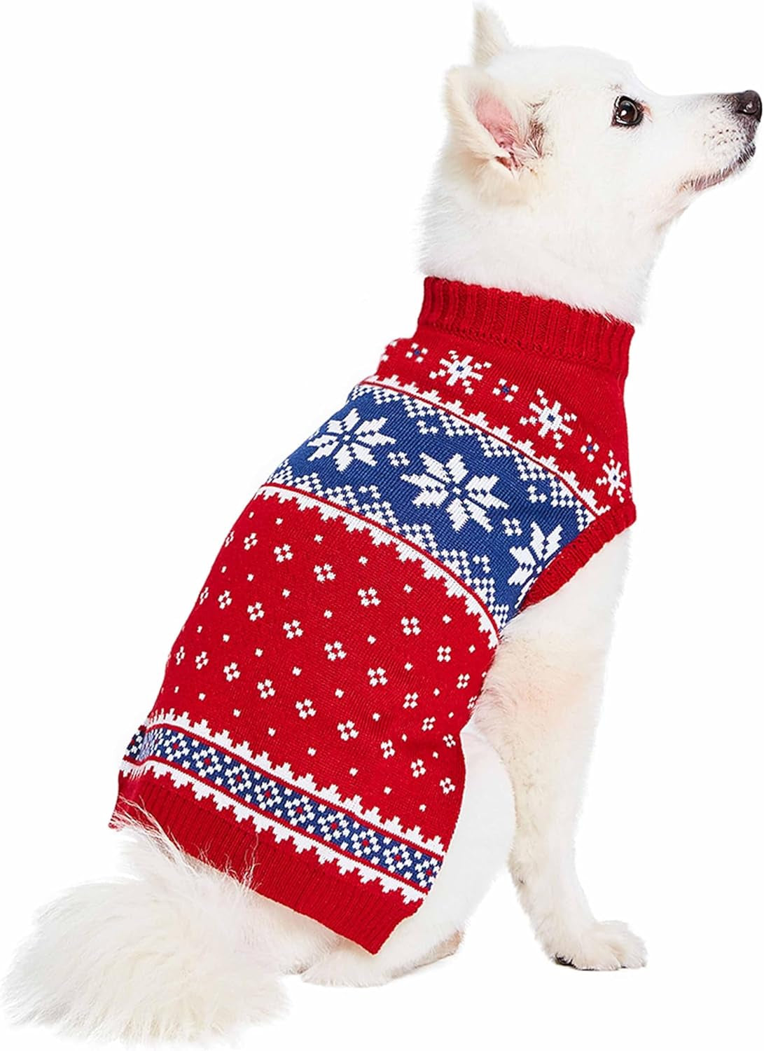 Christmas Snowflake Dog Sweater in Festive Red, Back Length 12", Pack of 1 Clothes for Dogs