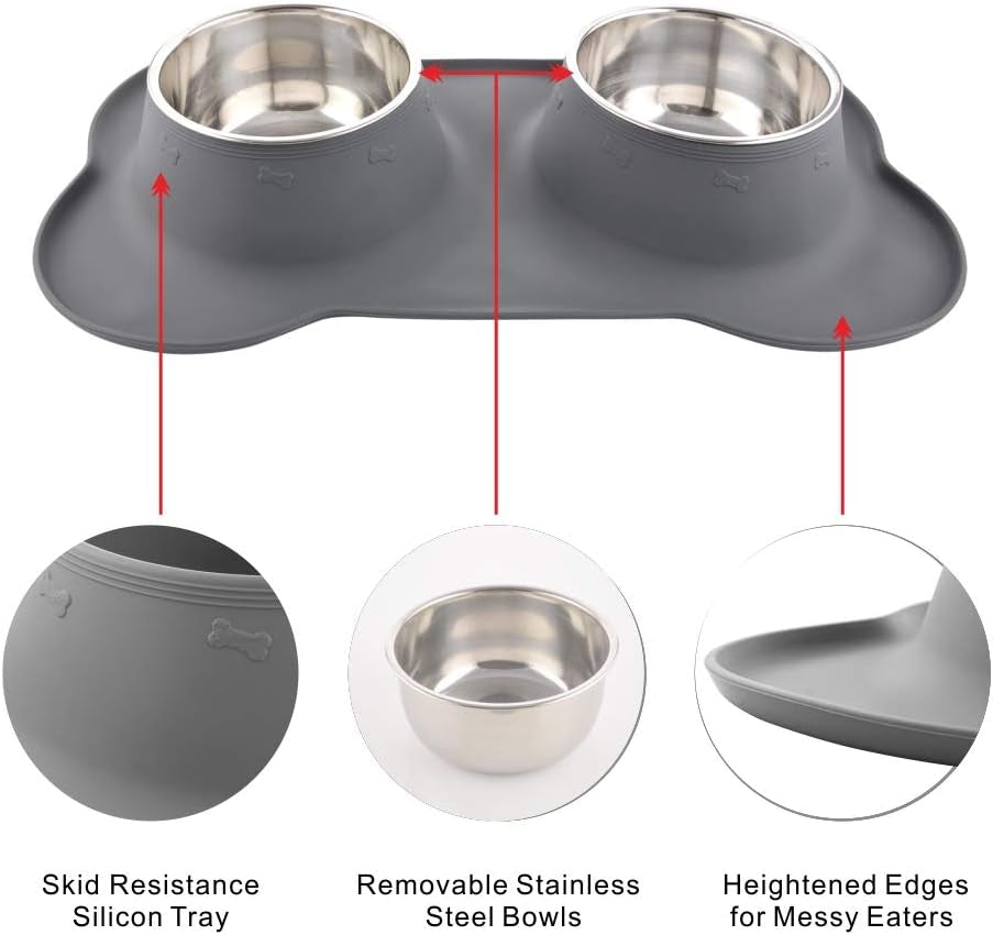 Dog Bowls with Mat, Cat Water Food Bowl Set (13.5Oz Each) in No Spill Silicone Mat, Dual Pet Feeder Bowl for Puppy, Cats, Small Medium Dogs (Bone Shape, Grey)