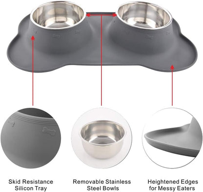 Dog Bowls with Mat, Cat Water Food Bowl Set (13.5Oz Each) in No Spill Silicone Mat, Dual Pet Feeder Bowl for Puppy, Cats, Small Medium Dogs (Bone Shape, Grey)